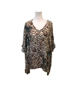Chico’s Size S/M pull over top. Animal print with butterflies. Flutter sleeves
